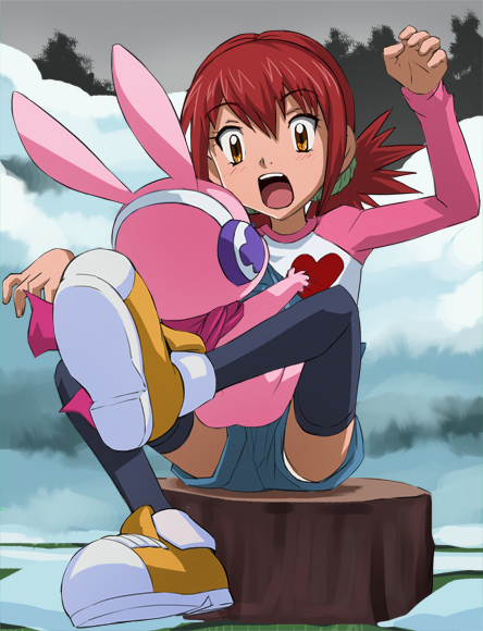 breast_grab, breasts, brown_eyes, character_request, copyright_request, cutemon, digimon, digimon_xros_wars, earmuffs, haruyama, hinomoto_akari, panties, pantyshot, red_eyes, shorts, snow, thigh-highs, thighhighs, underwear, white_panties