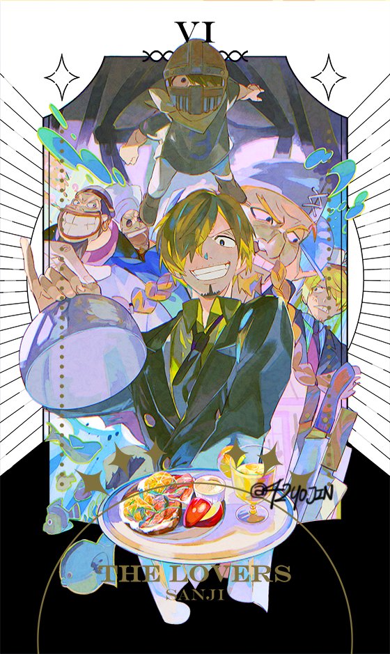4boys, aged_down, black_suit, blonde_hair, braided_mustache, carne, child, commentary_request