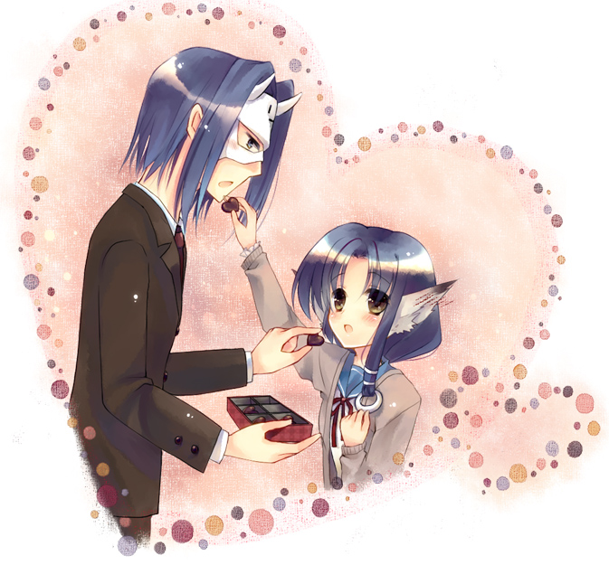 black_hair, brown_eyes, chocolate, dog_ears, eruruw, feeding, hakuoro, kage_no_utage