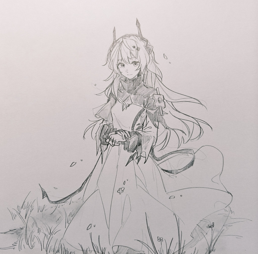 1girl, arknights, closed_mouth, dress, full_body, graphite_(medium), greyscale, hashtag-only_commentary