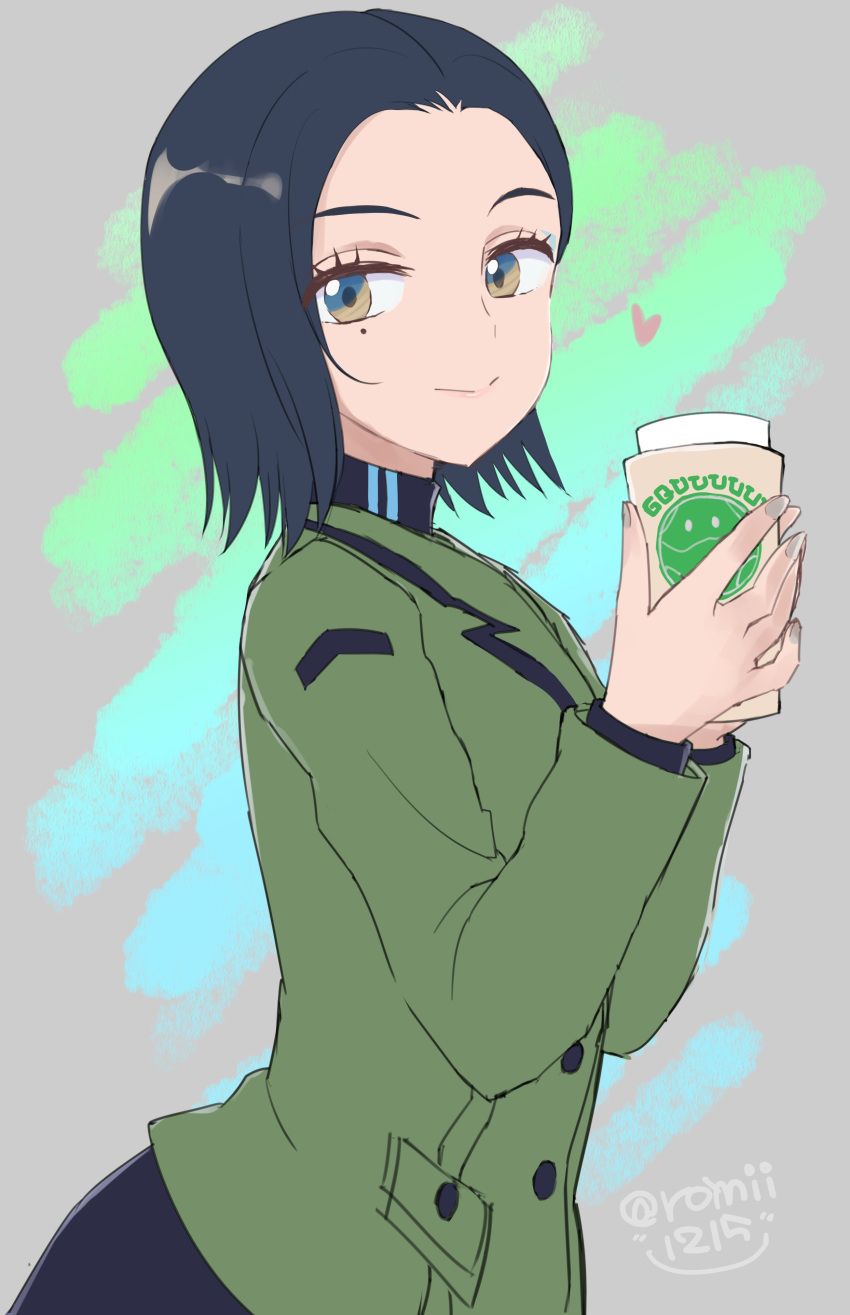 1girl, absurdres, black_shirt, black_skirt, blue_eyeshadow, closed_mouth, commentary_request, comoli_harcourt