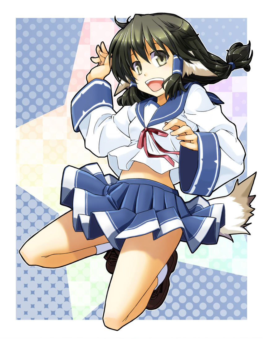animal_ears, aruruw, black_hair, brown_eyes, dog_ears, dog_tail, highres, jumping