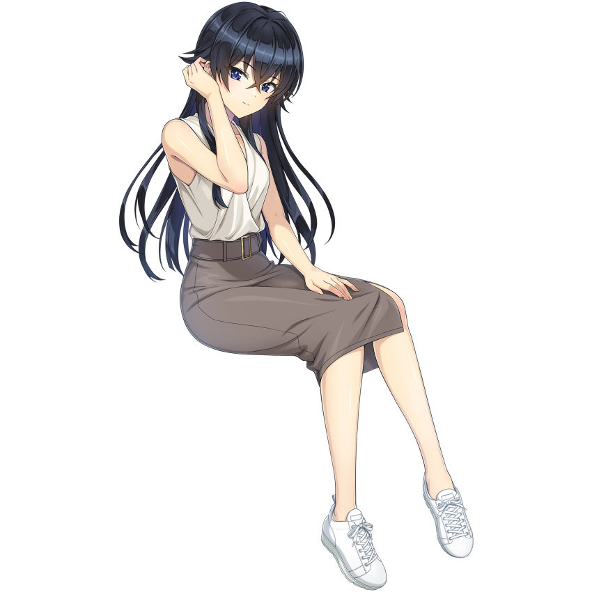 1girl, adjusting_hair, black_hair, blue_eyes, breasts, closed_mouth, dolphin_wave, game_cg