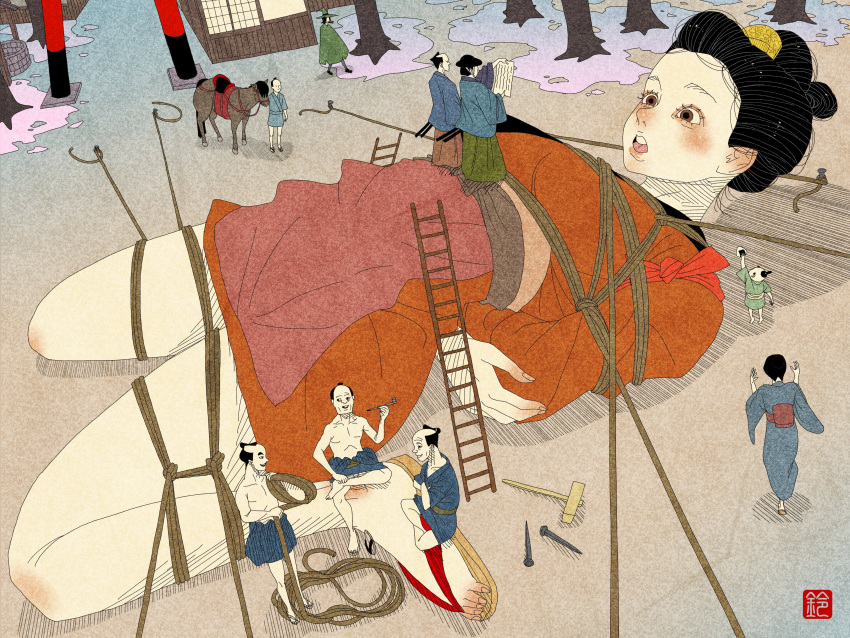 1girl, absurdres, black_hair, bound, eyelashes, giant, giantess, gulliver's_travels, highres, horse, japanese_clothes, nihonga, sandals, sei5osuzuki, shibari, shibari_over_clothes, ukiyo-e
