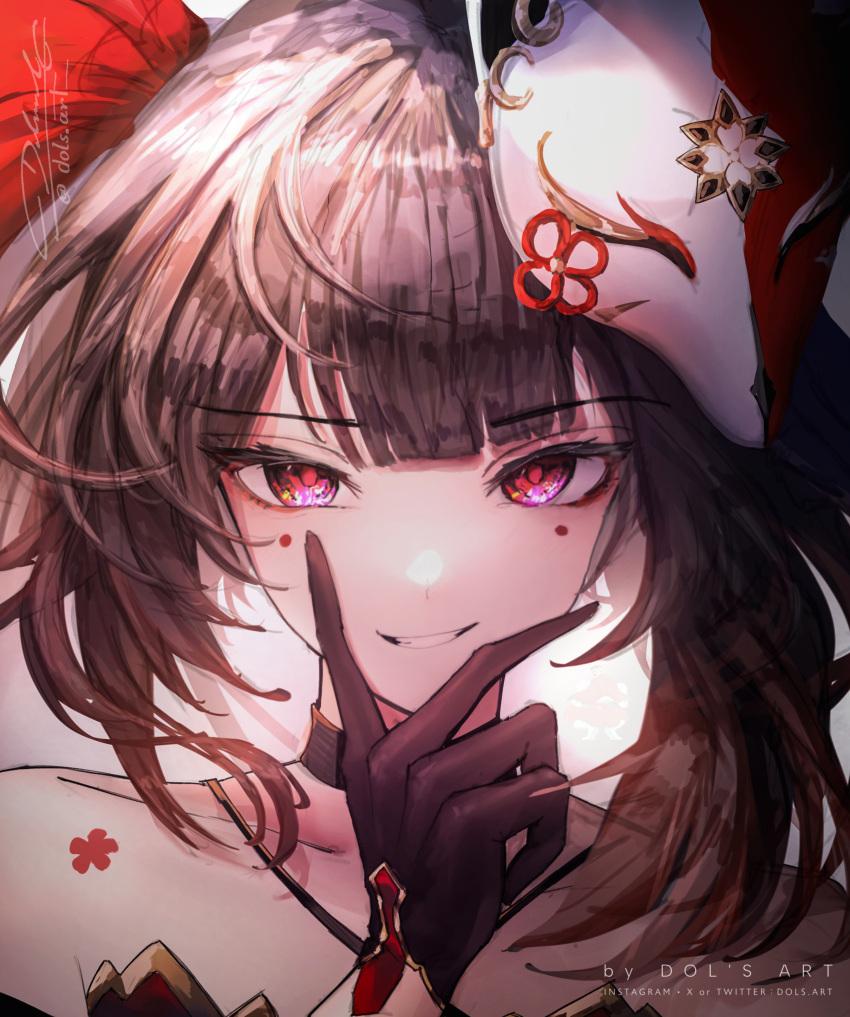 1girl, absurdres, artist_name, bare_shoulders, black_choker, black_gloves, brown_hair, choker