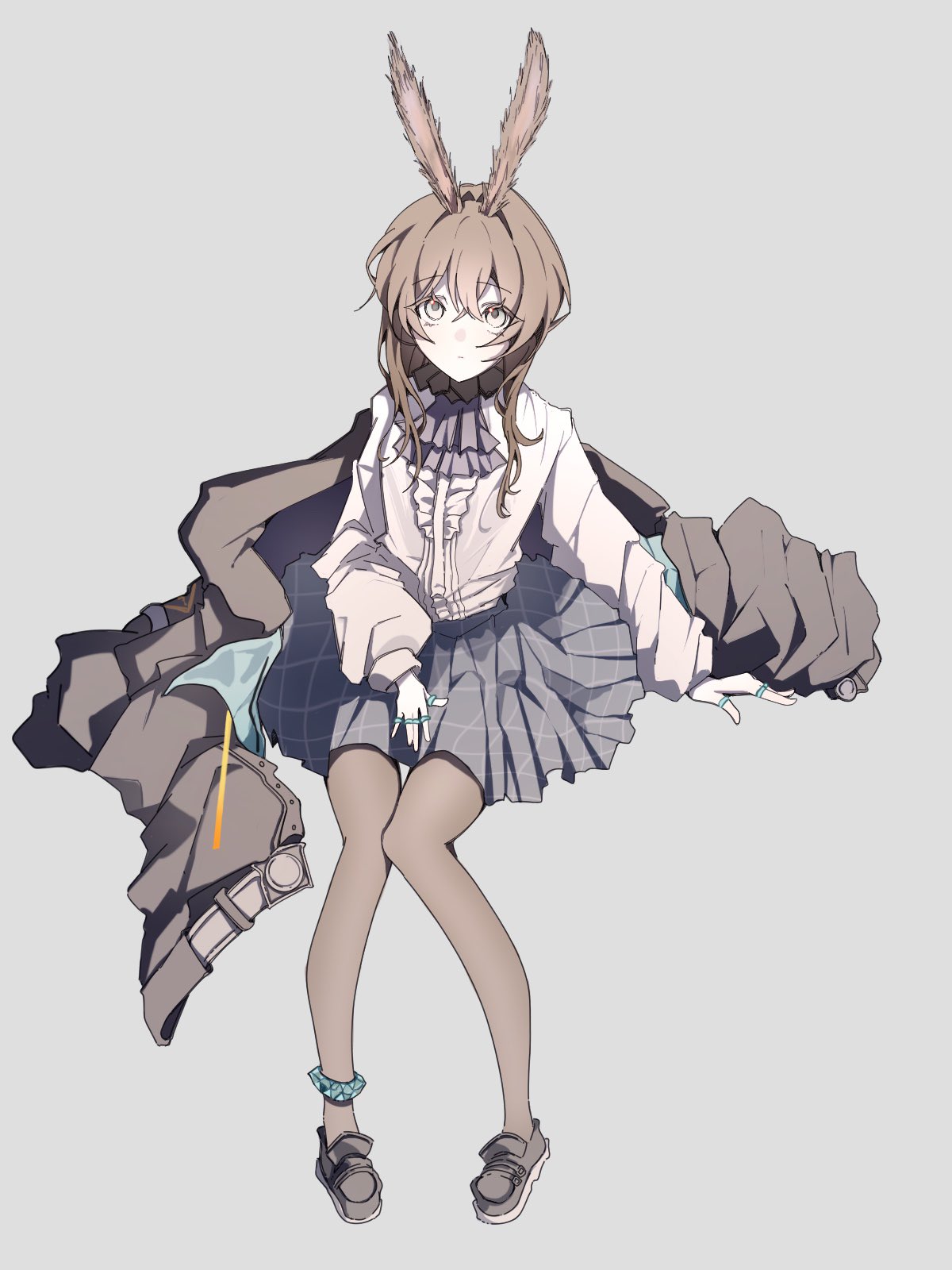 1girl, amiya_(arknights), animal_ears, anklet, arknights, ascot, black_shoes, black_skirt