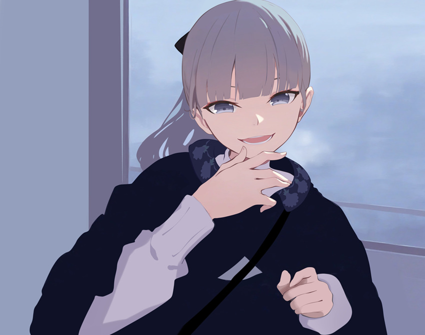 1girl, absurdres, commentary, half-closed_eyes, highres, lapwing_(vrchat), laughing, long_hair, looking_at_viewer, nokku_(ren_nokku), open_mouth, purple_hair, solo, teeth, tile_wall, tiles, violet_eyes, vrchat, window