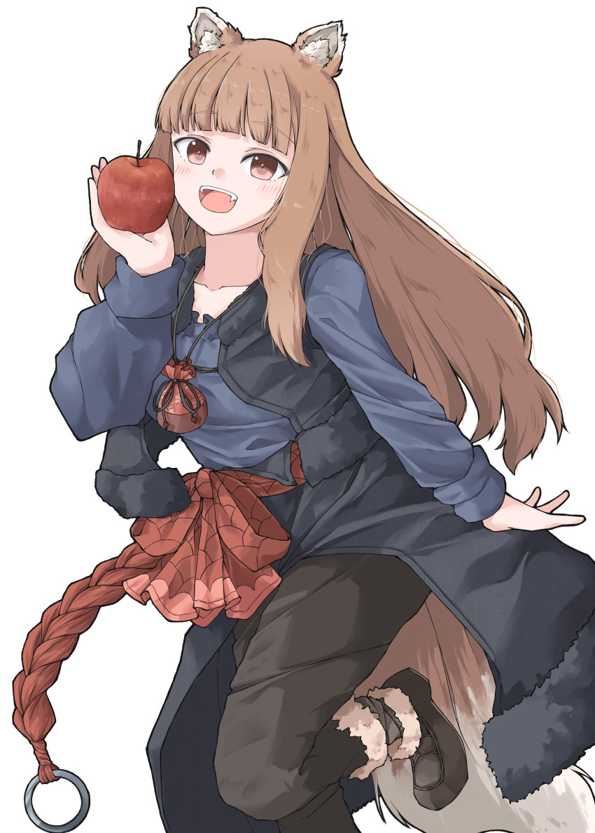 1girl, absurdres, animal_ear_fluff, animal_ears, apple, black_pants, black_vest, blue_shirt