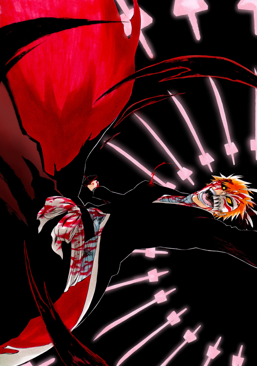 1boy, absurdres, bandage_on_face, bandaged_chest, bandages, bankai, black_hakama, black_sclera