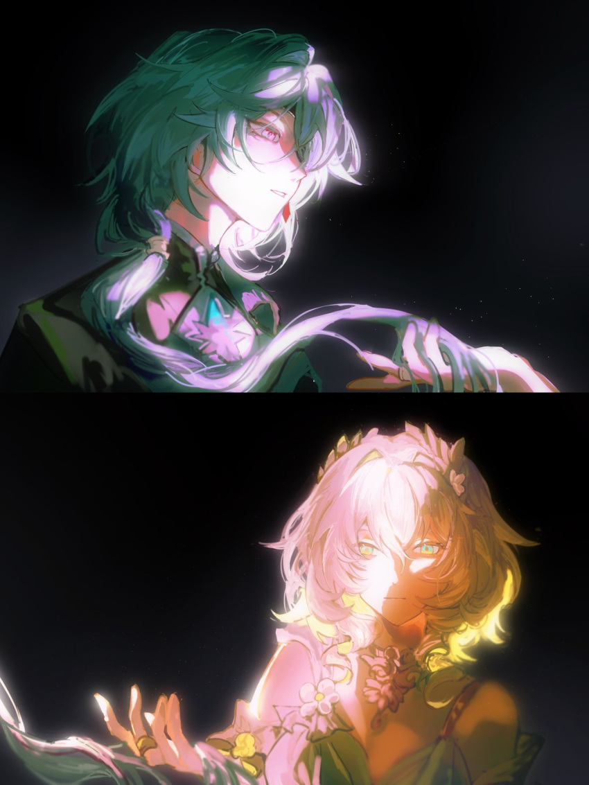 1boy, 1girl, aglaea_(honkai:_star_rail), anaxa_(honkai:_star_rail), black_background, black_jacket, blonde_hair, dress