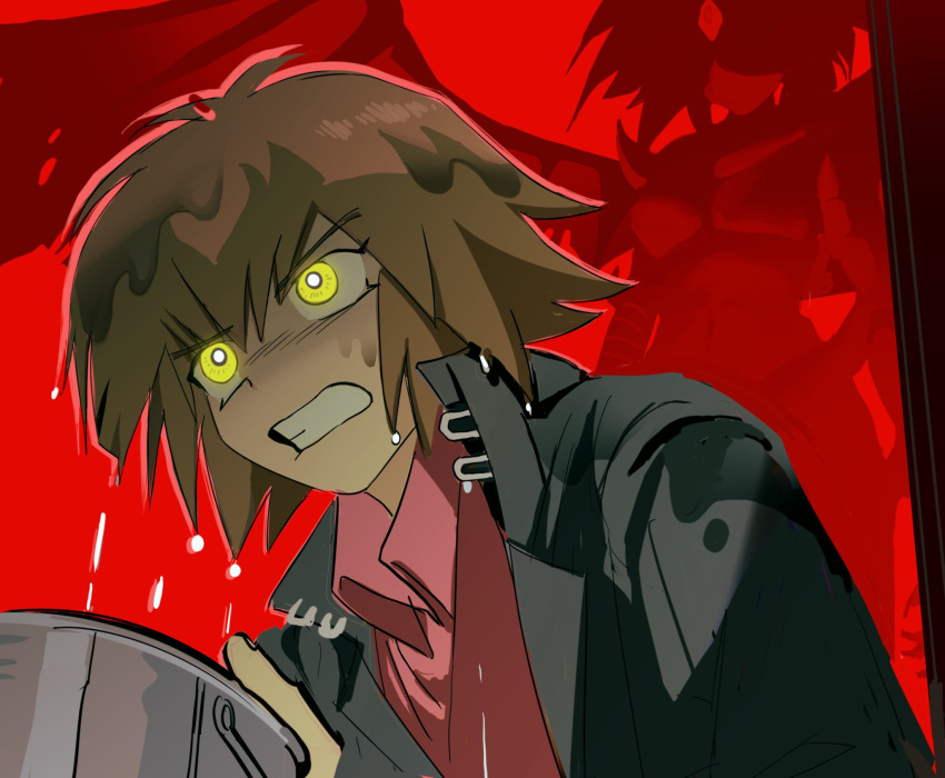 1boy, 1other, black_jacket, brown_hair, highres, jacket, medium_hair, red_background