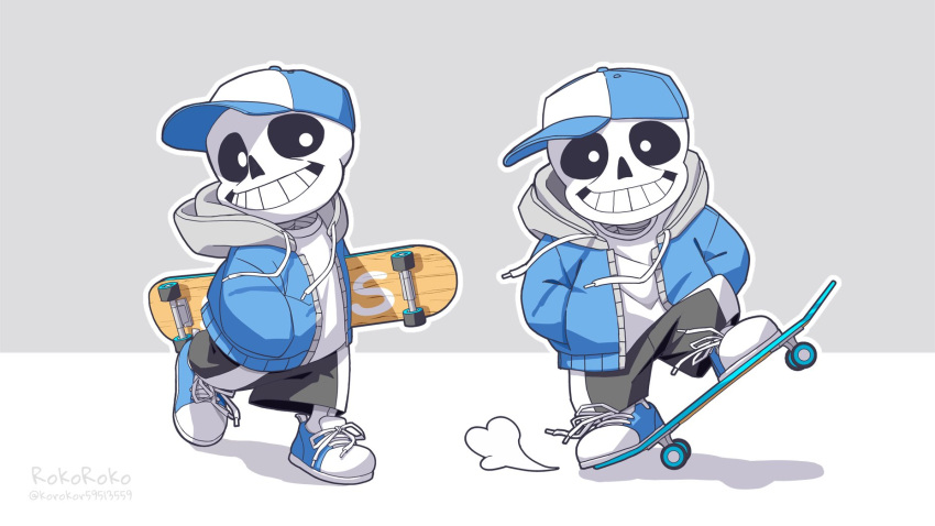 1boy, artist_name, baseball_cap, black_shorts, blue_hat, blue_jacket, blue_shoes, grey_background, grin, hands_in_pockets, hat, highres, hollow_eyes, jacket, looking_at_viewer, male_focus, multiple_views, noah_(rokoroko), sans_(undertale), shoes, shorts, skateboard, skating, smile, solo, teeth, twitter_username, undertale, white_background