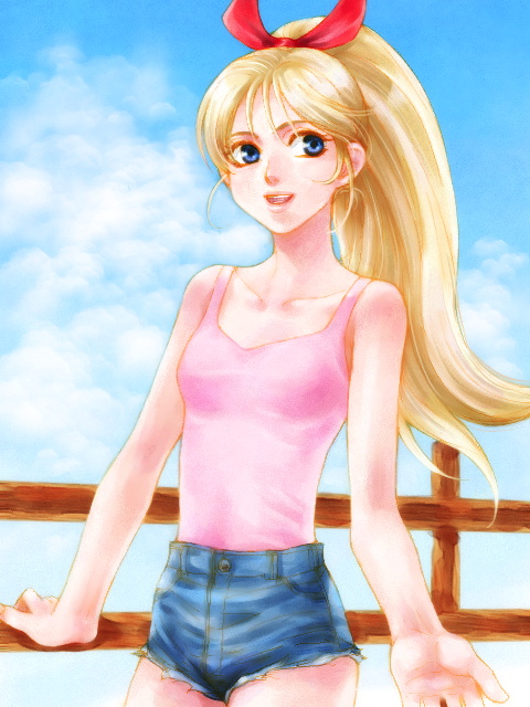 blue_eyes, bow, collarbone, cutoffs, denim, denim_shorts, fence, hair_bow