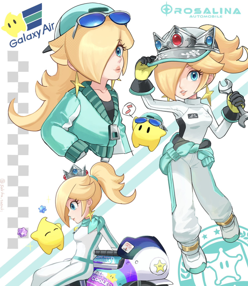 1girl, backwards_hat, biker_clothes, biker_rosalina, bikesuit, black_gloves, blonde_hair, blue_eyes