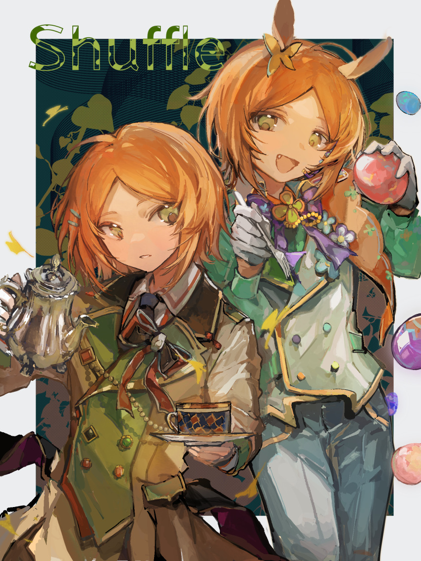 2boys, 2wink_(ensemble_stars!), :d, animal_ears, aoi_hinata, aoi_yuta, blend+_(ensemble_stars!), border, bow, bowtie, brooch, buttons, collared_shirt, cowboy_shot, cup, double-breasted, easter_egg, egg, ensemble_stars!, fake_animal_ears, fang, flower, fork, gloves, gold_trim, green_eyes, green_shirt, hair_flower, hair_ornament, highres, holding, holding_teapot, idol, jacket, jewelry, lapels, leaf, long_coat, long_sleeves, looking_at_viewer, looking_to_the_side, male_focus, merumerunu39, multicolored_buttons, multiple_boys, necktie, official_alternate_costume, orange_hair, pants, paradigm_reversi!_(ensemble_stars!), parted_bangs, parted_lips, puffy_long_sleeves, puffy_sleeves, rabbit_ears, shirt, short_hair, siblings, smile, teacup, teapot, twins, vest, waistcoat, white_border, white_gloves, white_pants, white_shirt