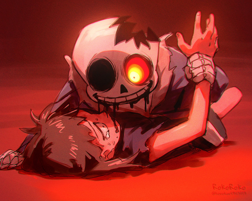 1boy, 1other, aliza_(horrortale), alternate_universe, black_shorts, blood, blue_jacket, grin, highres, holding_another's_wrist, hollow_eyes, horrortale, jacket, korokor59513559, open_mouth, pinned, red_eyes, sans_(horrortale), scared, shorts, skeleton, sketch, smile, sweat, tearing_up, teeth, undertale