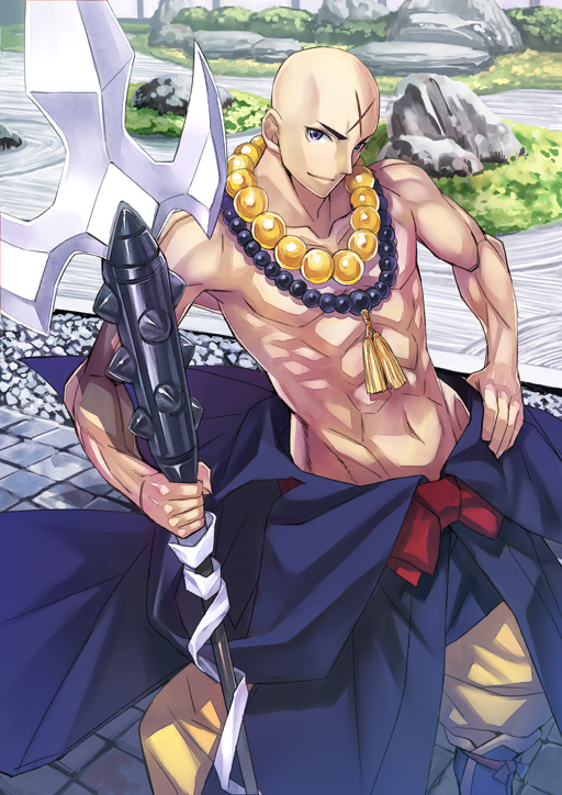 1boy, abs, bald, bead_necklace, beads, blue_eyes, closed_mouth, cross_scar