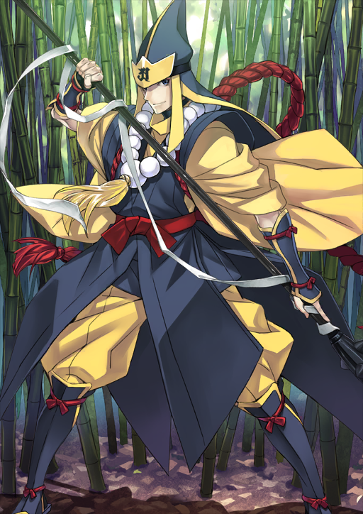 1boy, arm_armor, armor, bamboo, bamboo_forest, bead_necklace, beads, black_hood