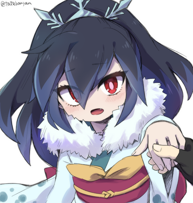 1girl, black_gloves, blue_kimono, colored_tips, fang, fingerless_gloves, fur_collar, furrowed_brow