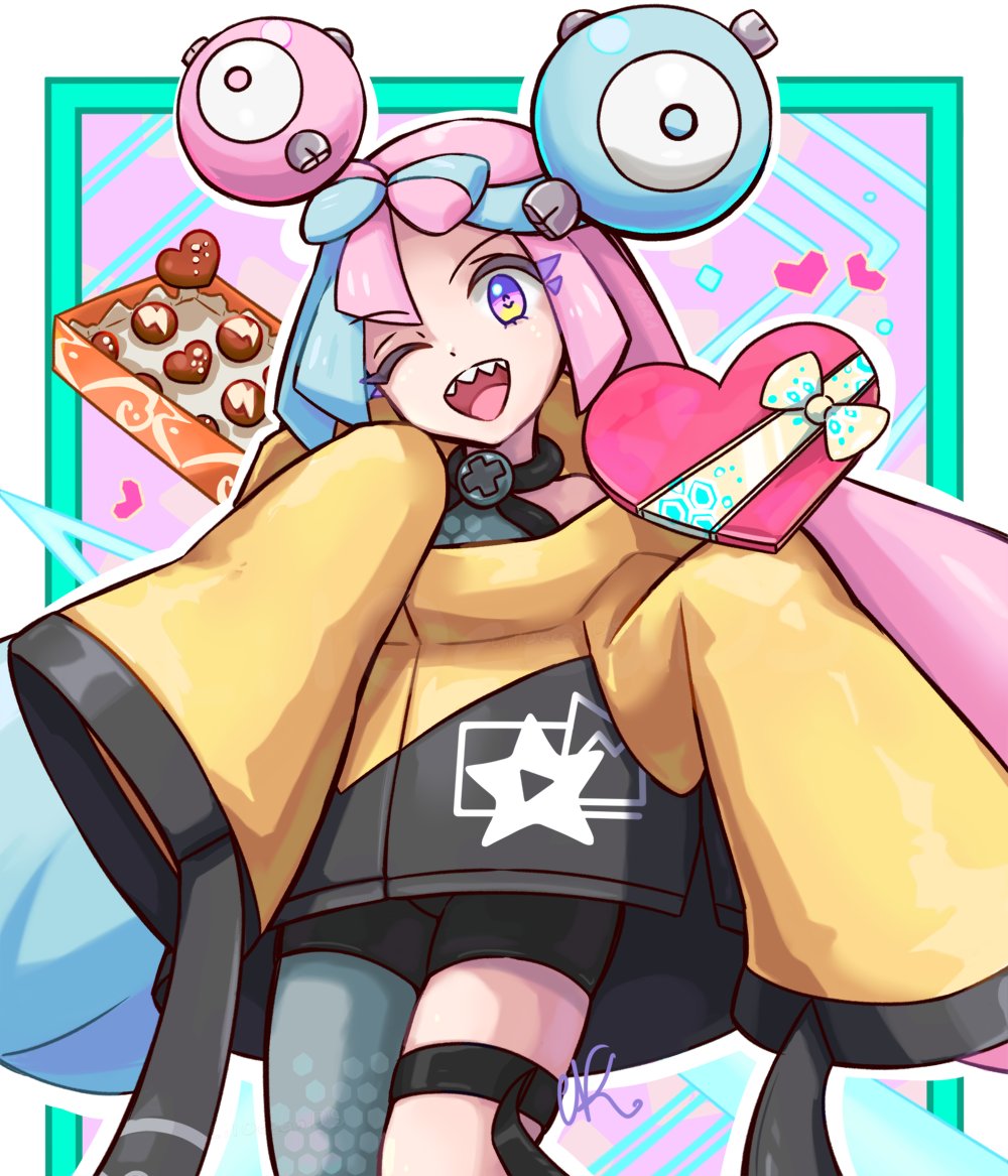 1girl, ;d, blue_hair, box, candy, character_hair_ornament, chocolate, cowboy_shot