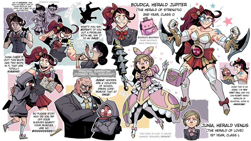 !, 2boys, 3girls, arm_blade, armor, backpack, bag, black_hair