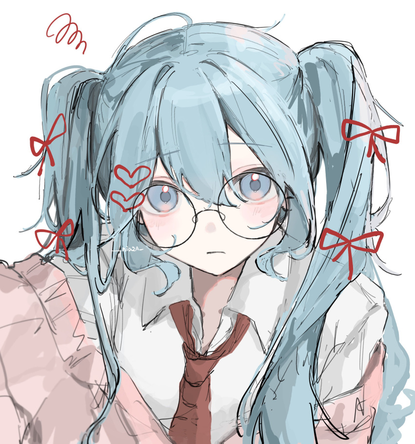 1girl, absurdres, blue_eyes, glasses, hatsune_miku, highres, jacket, looking_at_viewer