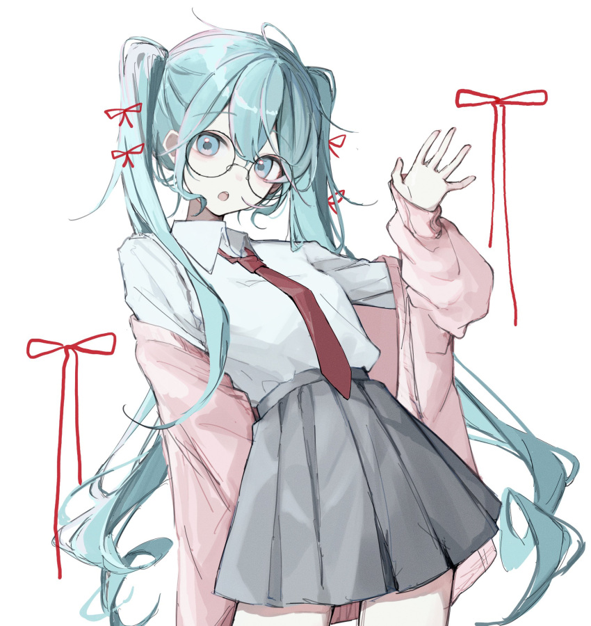 1girl, aqua_hair, black_skirt, glasses, hatsune_miku, highres, jacket, long_hair