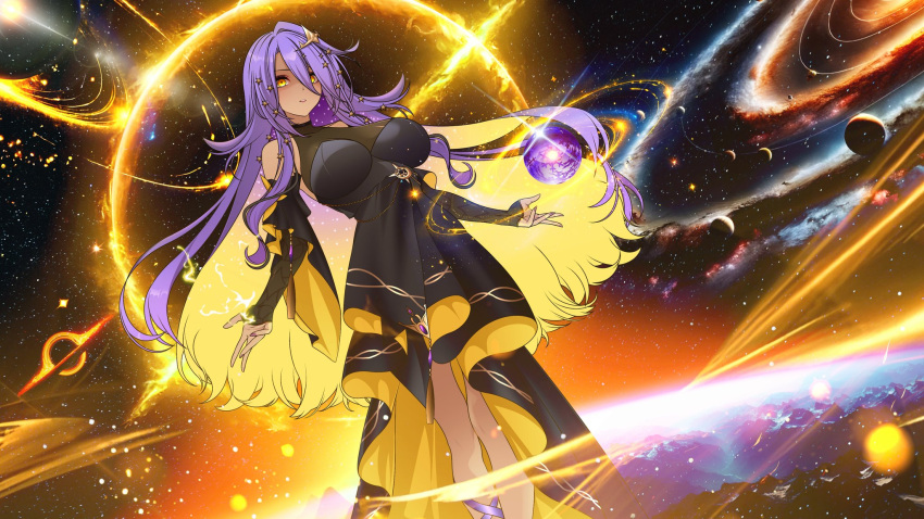 1girl, black_dress, blonde_hair, colored_inner_hair, dress, galaxy, halo, highres