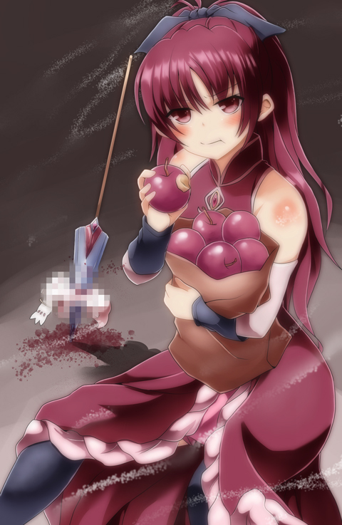 :t, apple, bag, bare_shoulders, blush, byakuya_mika, censored, eating
