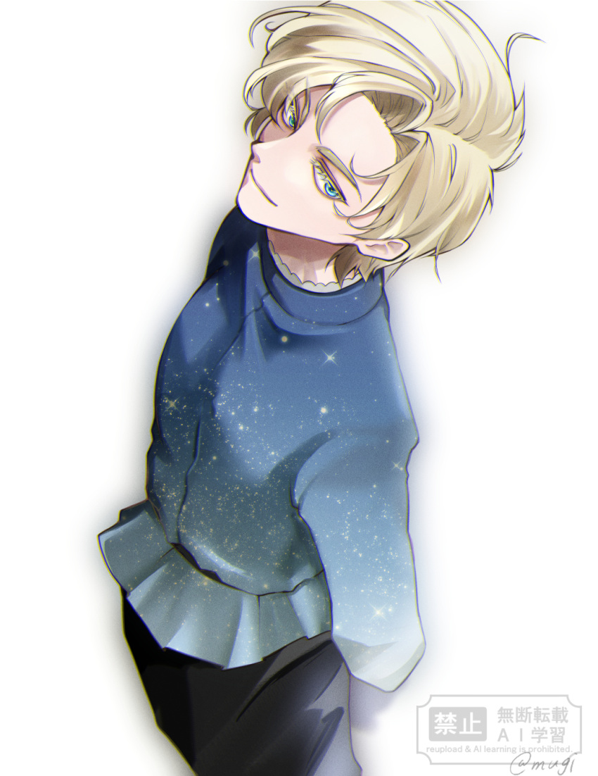 1boy, aomushimm, arms_behind_back, black_pants, blonde_hair, closed_mouth, commentary_request, cowboy_shot