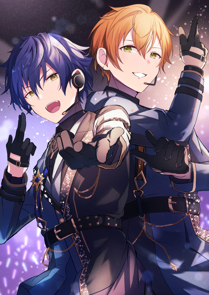 2boys, absurdres, belt, black_belt, black_gloves, blue_hair, blurry, bokeh