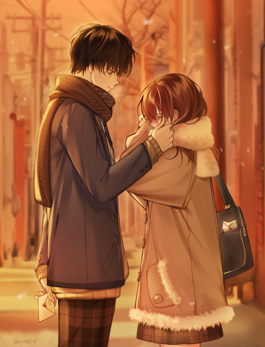 1boy, 1girl, arm_behind_back, artist_name, bag, black_bag, black_hair, black_necktie