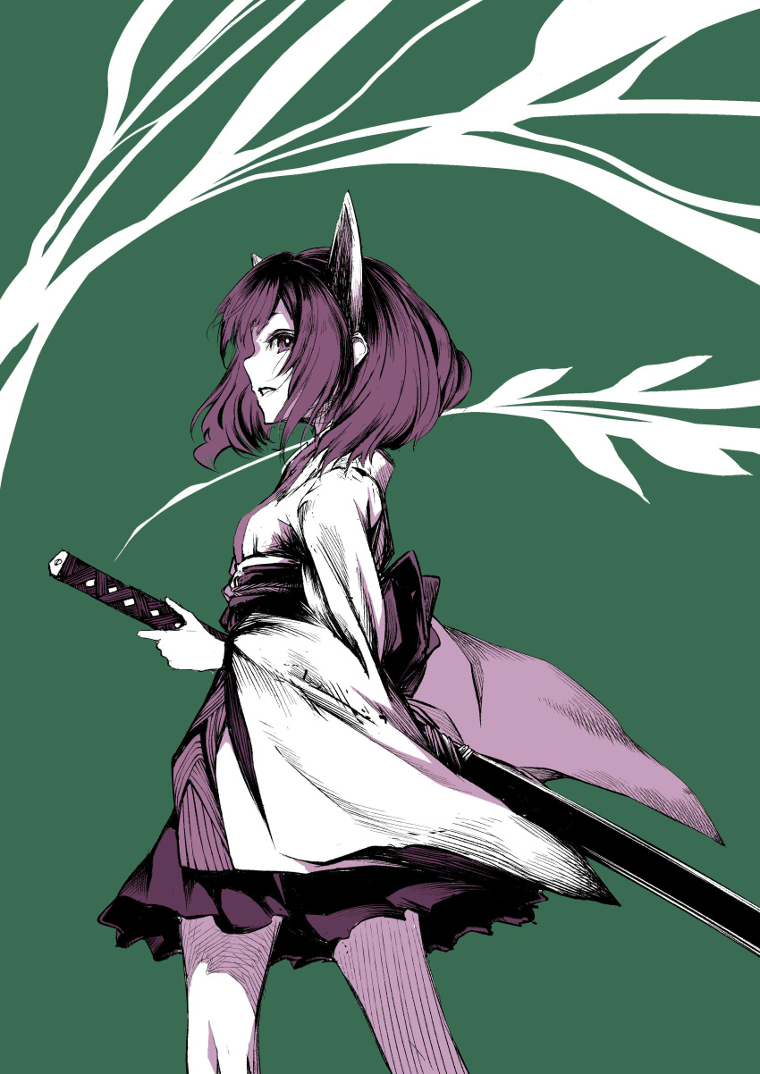 1girl, absurdres, branch, brown_eyes, brown_hair, brown_sash, commentary, cowboy_shot, facing_ahead, green_background, hatching_(texture), headgear, highres, holding, holding_sword, holding_weapon, japanese_clothes, kimi_(13houka), kimono, linear_hatching, long_sleeves, looking_to_the_side, obi, obijime, ootachi, open_mouth, partially_colored, sash, short_hair, short_kimono, simple_background, skirt, solo, standing, sword, teeth, touhoku_kiritan, voiceroid, weapon, white_background, white_kimono, wide_sleeves