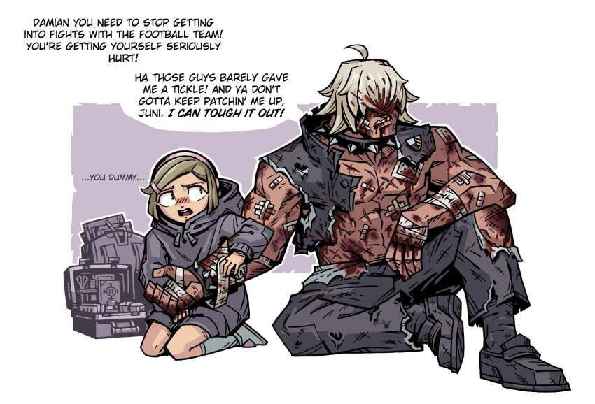 1boy, 1girl, blonde_hair, blood, blood_in_hair, boots, bruise_on_leg, choker