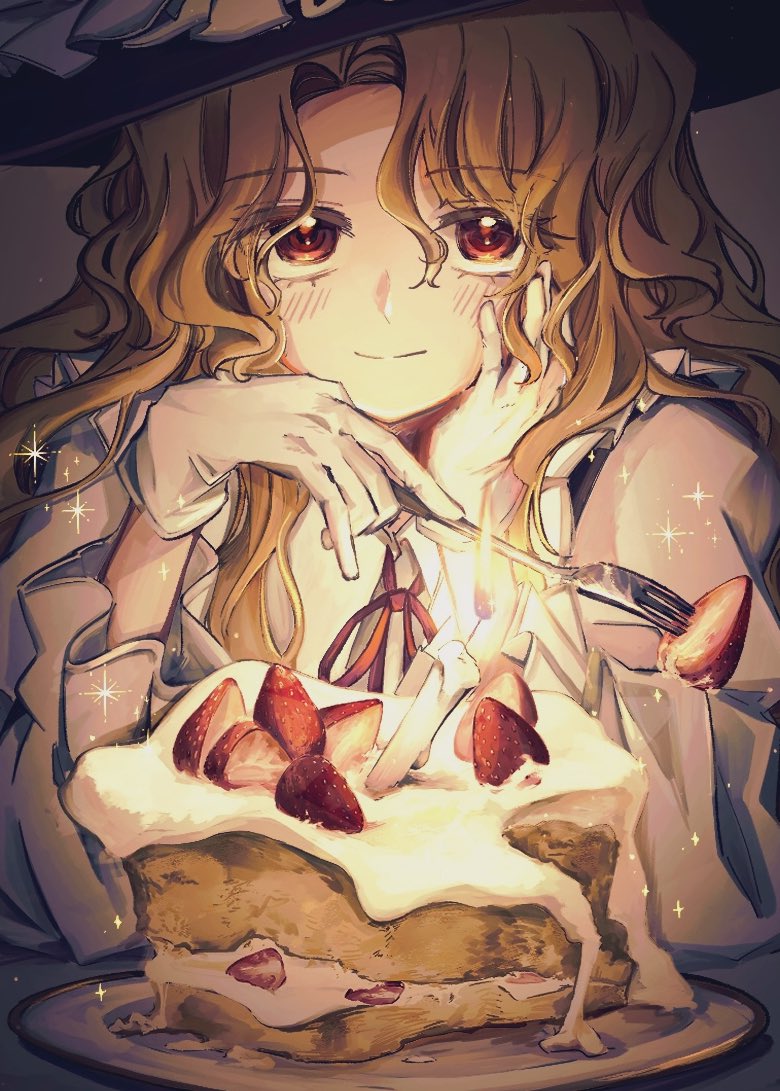 1girl, blonde_hair, brown_hat, brown_vest, cake, cake_slice, closed_mouth, collared_shirt