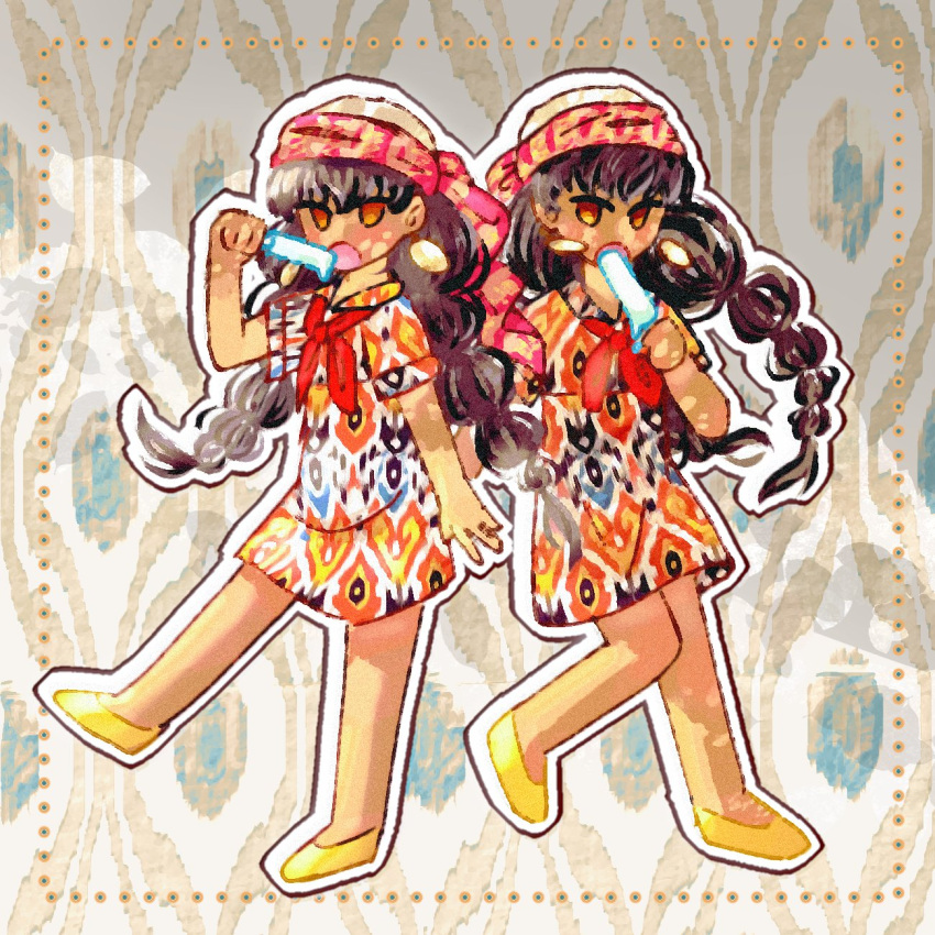 2girls, alternate_costume, bandana, brown_eyes, brown_hair, bzhdojioshnme20, colorful_background, dark-skinned_female