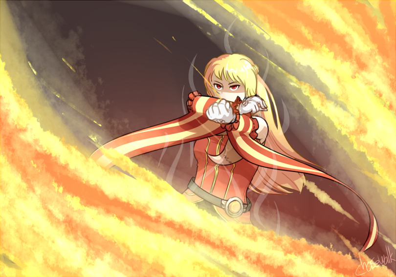 1girl, aura, belt, bio_lab, black_belt, blonde_hair, breasts, celia_alde