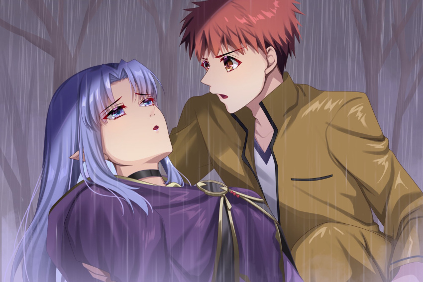 1boy, alternate_universe, are_you_my_master, argonauts_(fate), braid, breaker_gorgon, contemporary, cross, cross_print, emiya_shirou, fate/stay_night, fate_(series), good_end, grey_sky, highres, homurabara_academy_school_uniform, igote, magic_circuit, medea_(caster)_(fate), medea_(fate), monohoshizao_(fate), orange_hair, outdoors, overcast, pointy_ears, purple_lips, rain, red_hair, school_uniform, shirt, side_braid, sky, storm, wet, wet_clothes, wet_hair, wet_shirt