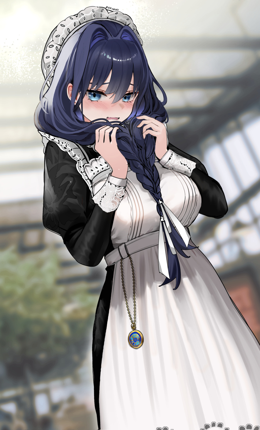 1girl, absurdres, apron, black_dress, blurry, blurry_background, blush, braid