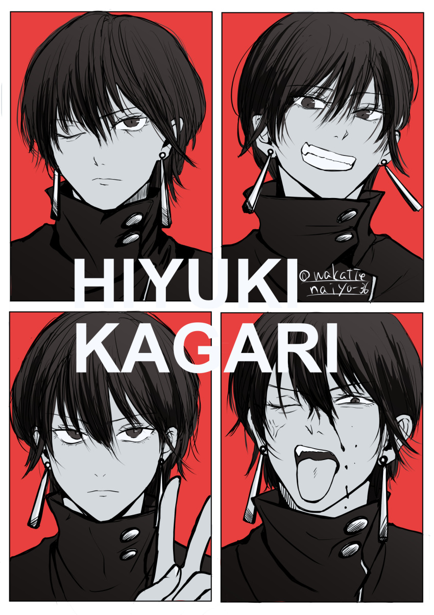 1girl, anger_vein, blood, blood_on_face, character_name, collage, earrings, greyscale_with_colored_background, hair_between_eyes, highres, jewelry, kagari_hiyuki, kagurabachi, multiple_views, one_eye_closed, red_background, solo, spot_color, tongue, tongue_out, v, wakattenaiyo_36