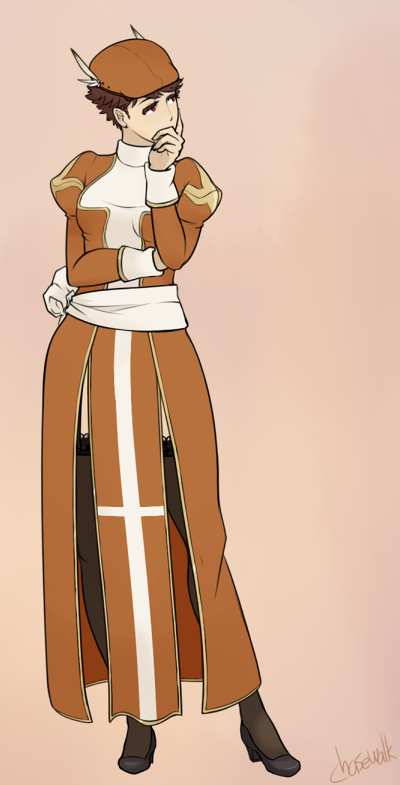 1girl, black_thighhighs, breasts, brown_background, brown_dress, brown_eyes, brown_hair, brown_hat