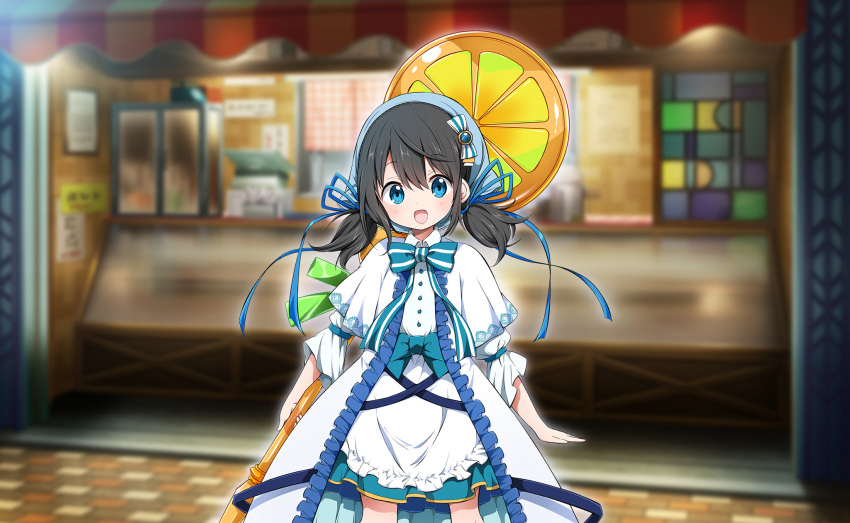 1girl, apron, artist_request, black_hair, blue_bow, blue_bowtie, blue_eyes, blue_gemstone