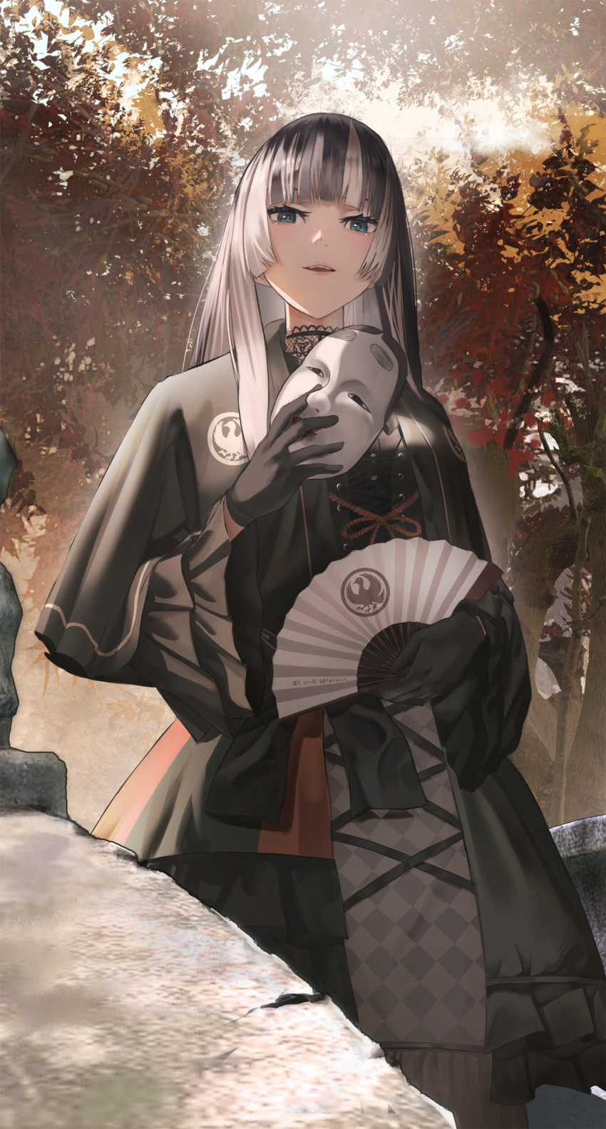 1girl, black_capelet, black_gloves, black_hair, blonde_hair, blunt_bangs, blunt_sidelocks, capelet