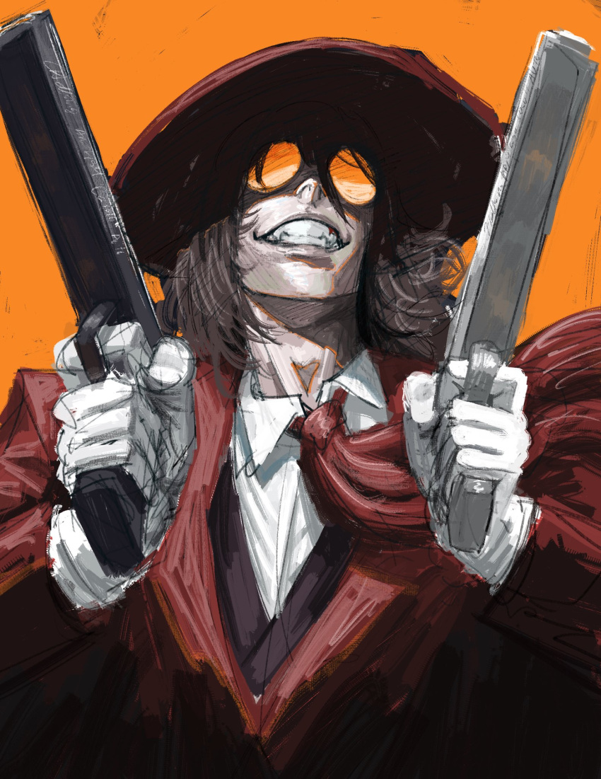 1boy, alucard_(hellsing), black_hair, casull_(hellsing), coat, fangs, glasses, gloves