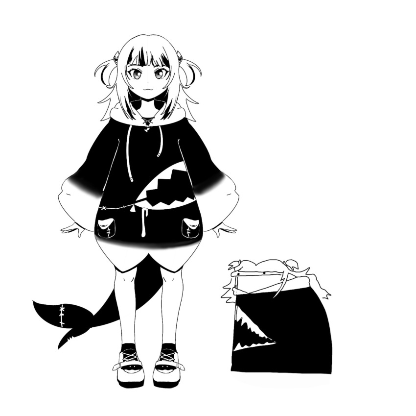 1girl, :3, animal_costume, blunt_bangs, drawstring, fins, fish_tail, florkofcows