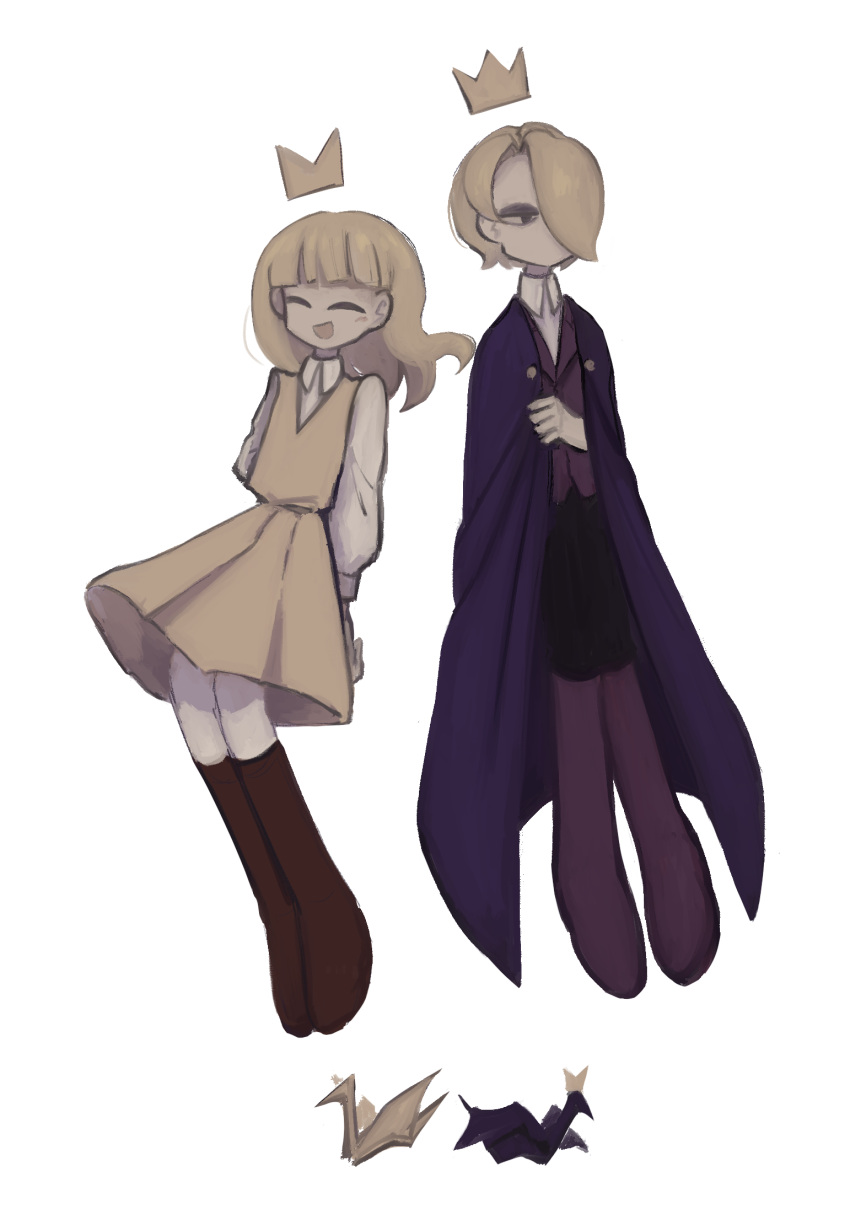 1boy, 1girl, ^_^, arms_behind_back, black_eyes, black_pants, blonde_hair, blunt_bangs, boots, brother_and_sister, brown_boots, cape, cape_hold, closed_eyes, collared_shirt, collared_vest, crown, dress, expressionless, eyeshadow, floating_crown, floating_hair, full_body, gold_crown, hair_over_one_eye, half-closed_eyes, happy, high_collar, highres, king_olly, knee_boots, light_blush, long_hair, long_sleeves, makeup, medium_dress, no_mouth, olivia_(paper_mario), open_mouth, origami, pants, paper_crane, paper_mario, paper_mario:_the_origami_king, personification, pinafore_dress, pleated_dress, purple_boots, purple_cape, purple_vest, shirt, short_hair, siblings, simple_background, sleeveless, sleeveless_dress, smile, super_mario_bros., uchuuko, v-neck, vest, white_background, white_shirt, yellow_dress