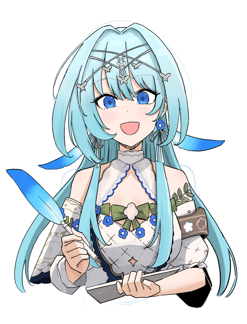 1girl, :d, absurdres, armband, asymmetrical_sleeves, bare_shoulders, blue_eyes, blue_feathers