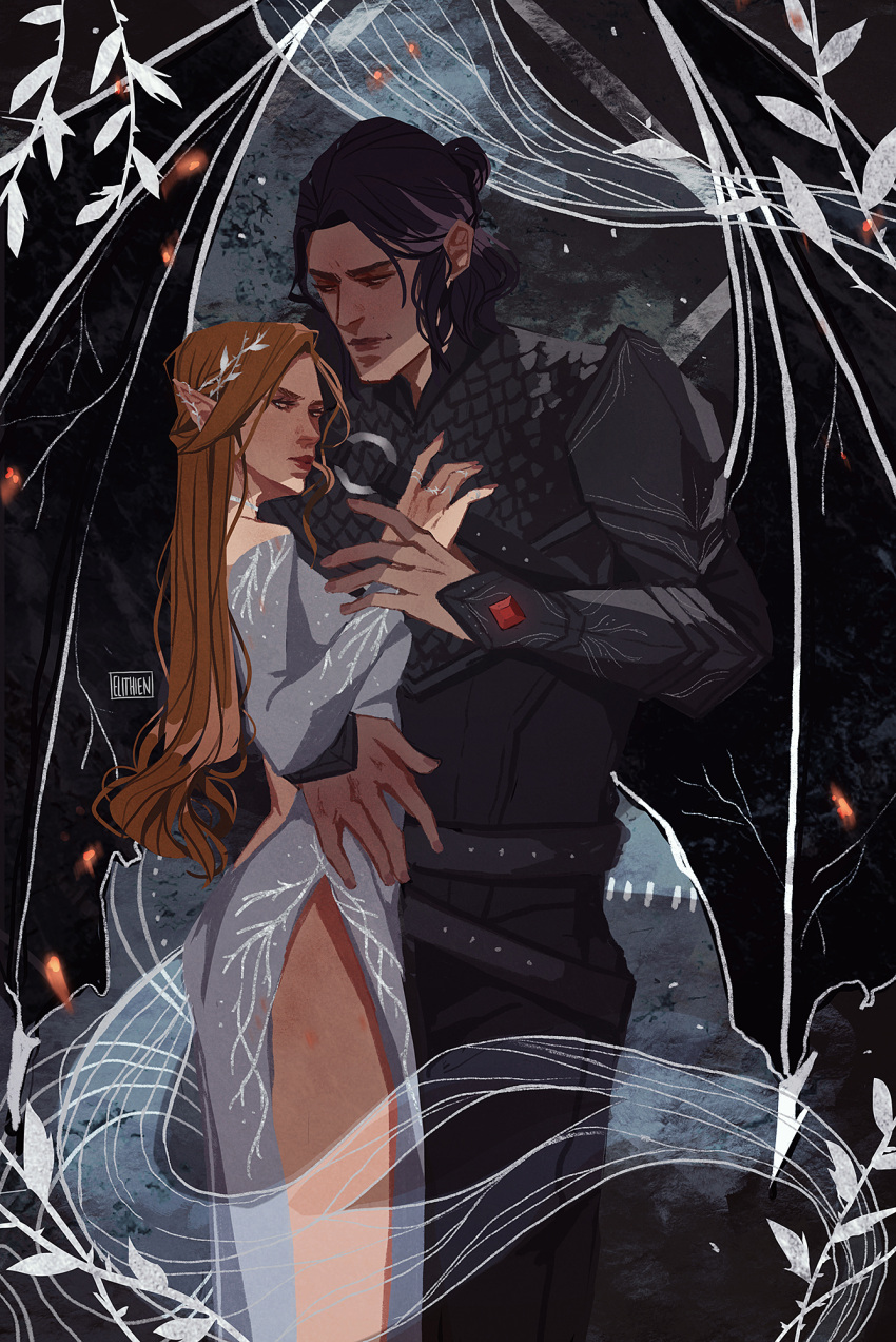 1boy, 1girl, a_court_of_thorns_and_roses_(series), armor, backless_dress, backless_outfit, bat_wings, black_hair