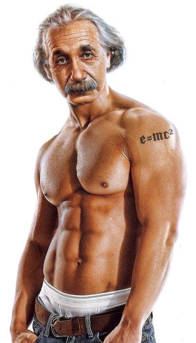 abs, einstein, grey_hair, jeans, manly, mustache, old_man, tattoo