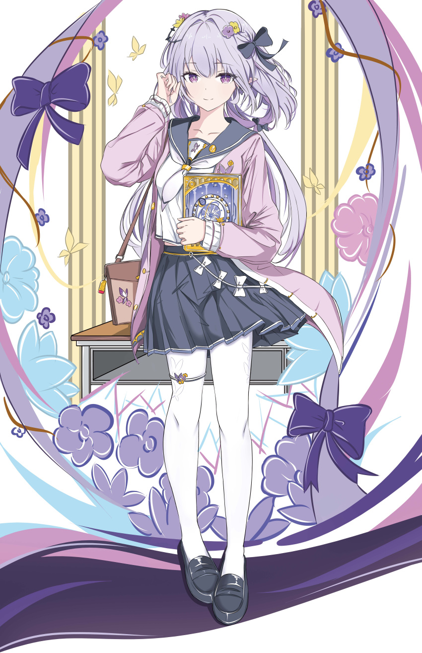 1girl, absurdres, bag, black_skirt, blue_bow, book, bow, breasts, castorice_(honkai:_star_rail), ccp19, highres, holding, holding_book, honkai:_star_rail, honkai_(series), long_hair, looking_at_viewer, pantyhose, purple_hair, school_bag, school_uniform, serafuku, shirt, skirt, small_breasts, twintails, violet_eyes, white_pantyhose